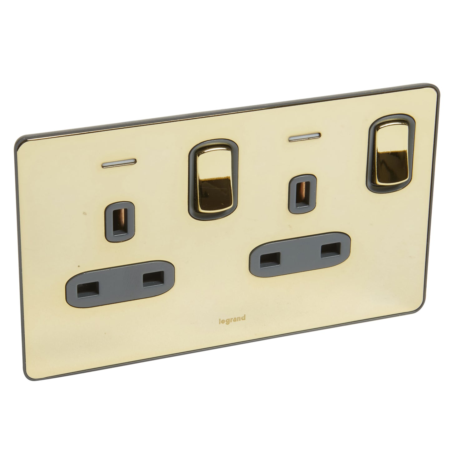 SYNERGY SLEEK - 2 GANG SWITCHED SINGLE POLE BS SOCKET OUTLET 13A + BLUE LED POWER INDICATOR